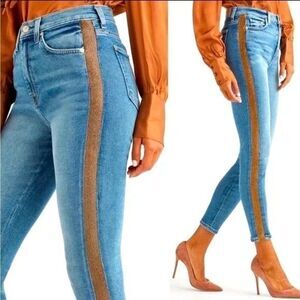 7 For All Mankind 90s Y2k LUXE Vintage The High Waist Ankle Skinny Bronze Stripe